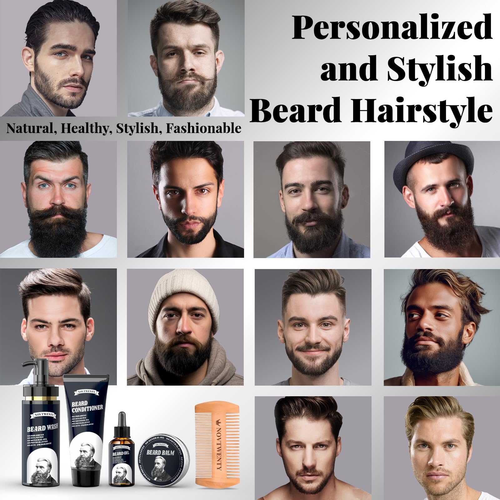 Mobiuty Ensemble de soins de barbe pour homme avec ingrédients naturels avec lavage à barbe, huile à barbe, baume à barbe et peigne à barbe, coffret cadeau pour petit ami, mari, père