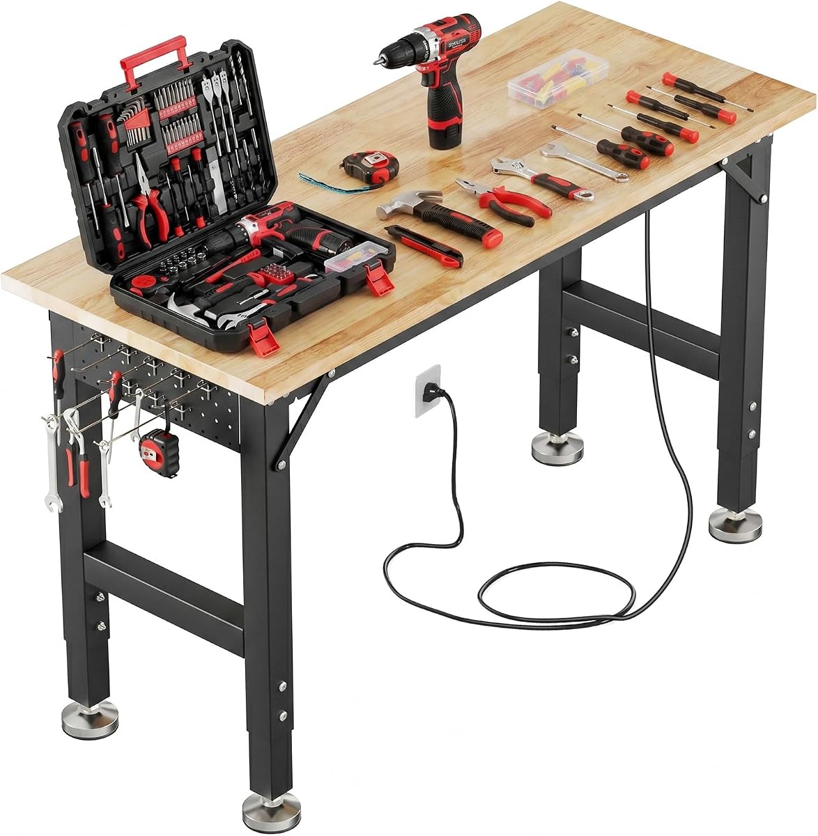 TLGREEN 48 x 20-Inch Adjustable Workbench, 2000 lb Capacity | Work Bench with Power Outlet And Pegboard; Organized Tool Access for Garage Assembly And Workshop Projects