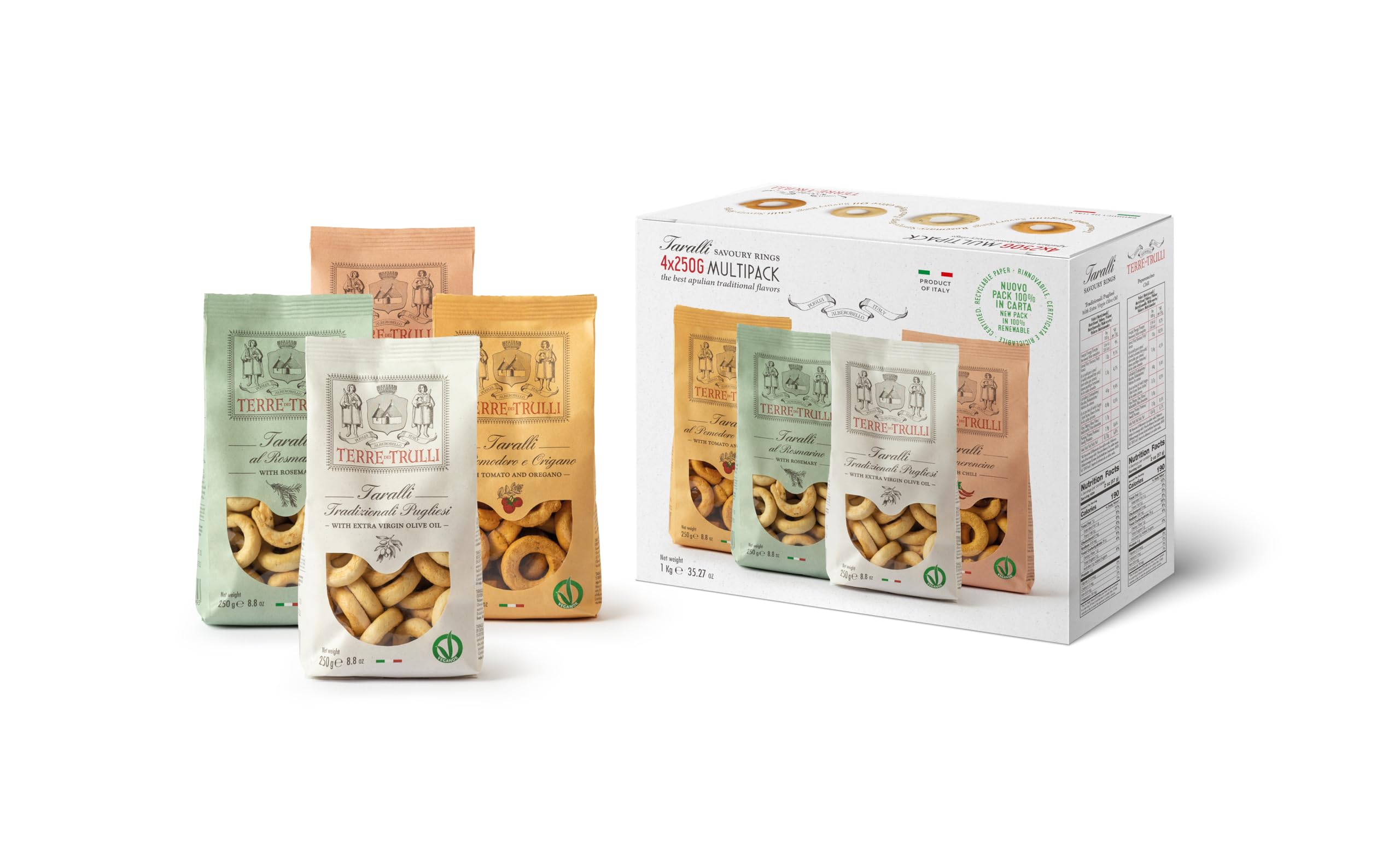 Terre Dei Trulli Taralli Multi Pack - 4 Confezioni Da 250g | Pugliesi Tradizionali Pugliesi, Rosmarino, Pomodoro e Origano, Peperoncino | Taralli Artigianali | Snack Salati Per Un Aperi Snack Genuino