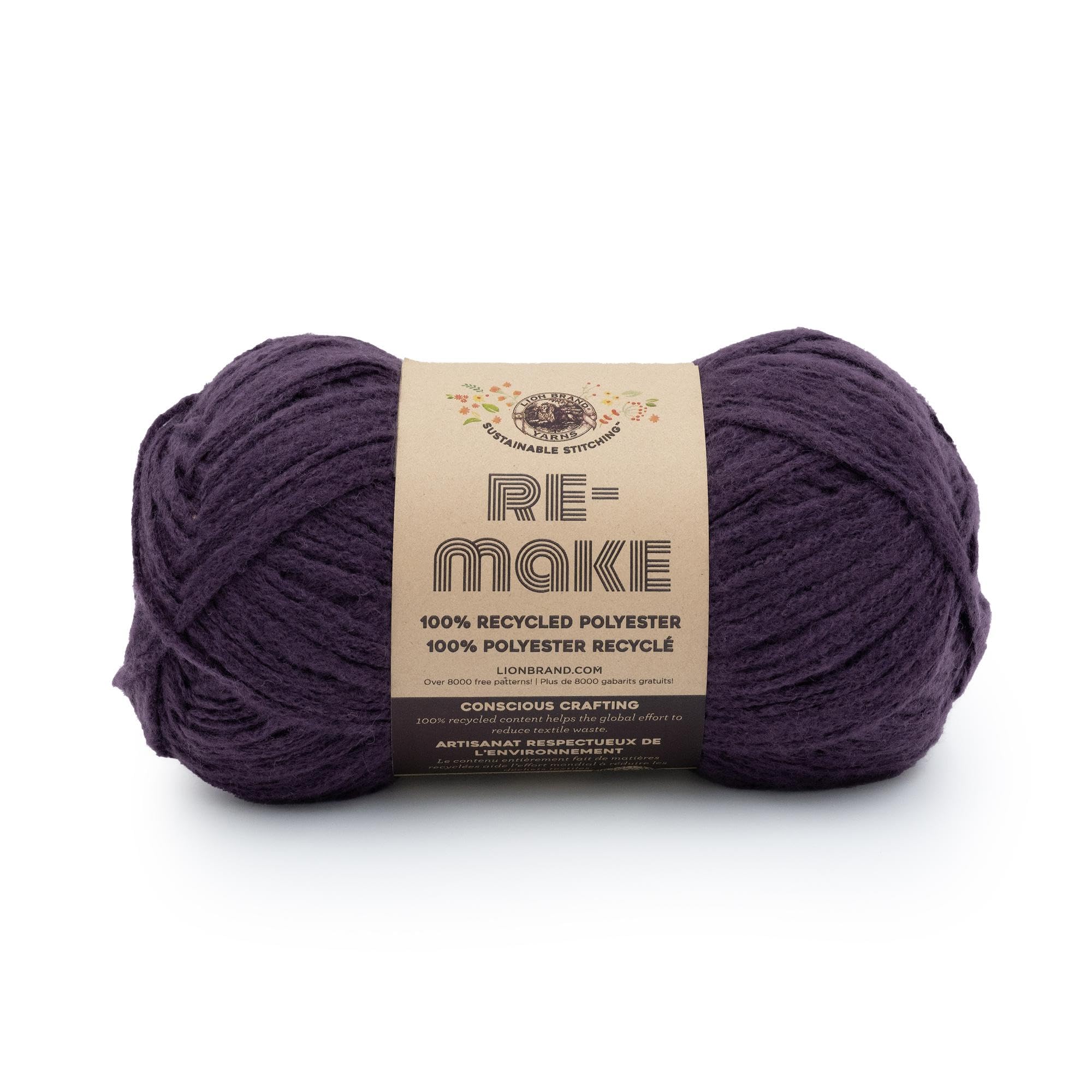 Polyester recyclé Lion Brand Re-Make aubergine, fil de haute qualité tricot