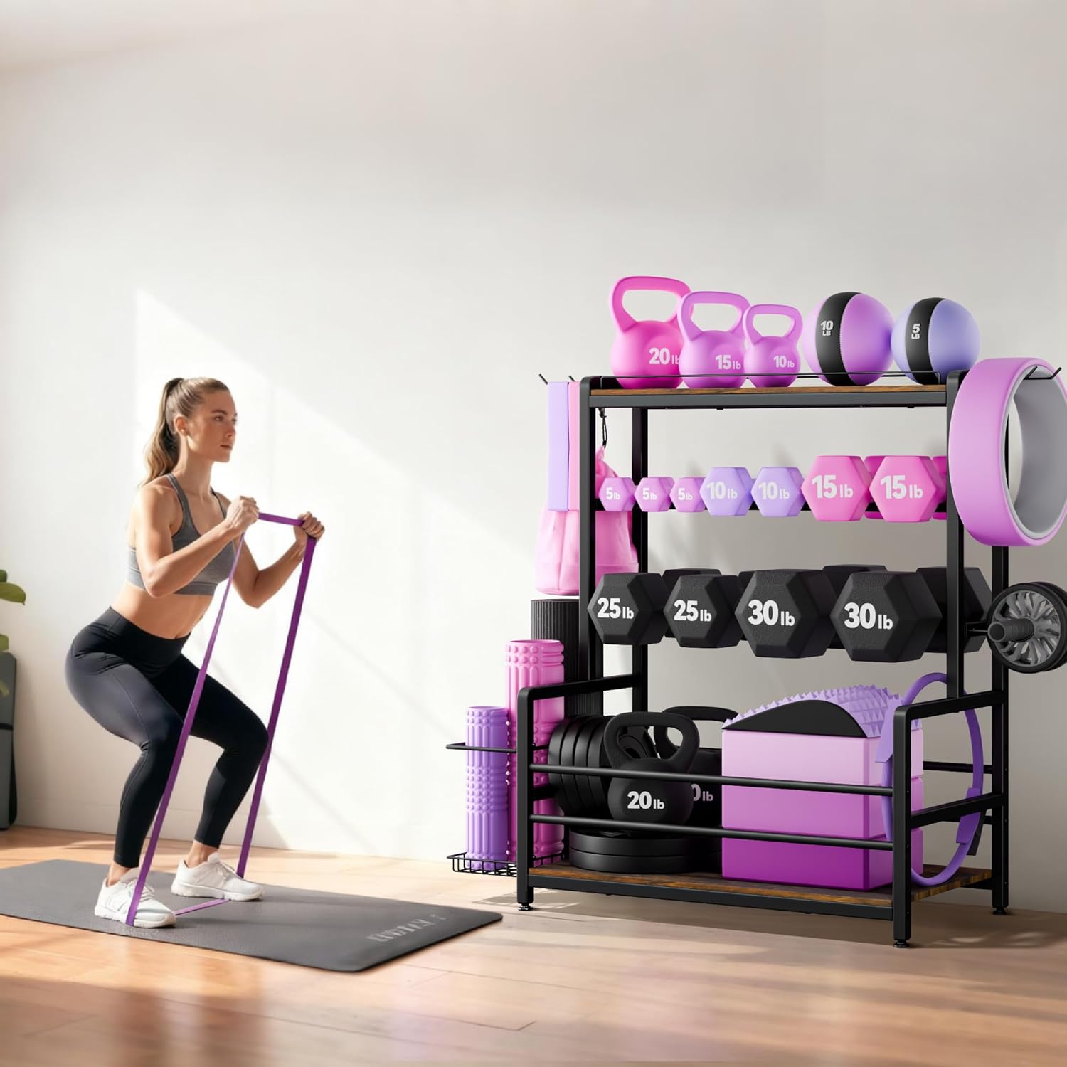 Gym Home Equipment Weight Rack – 3?Tier Workout Storage Stand for Dumbbells & Kettlebells, Medicine Ball Holder, Steel Organizer with Side Basket, Hooks