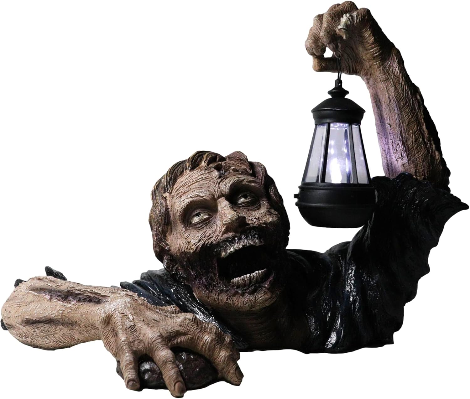 Ebros Large Dramatic Head Shot Impaled Zombie Crawling Out of Grave Statue with Hanging Solar LED Lantern Light in Hand Dead Rising 18" L Decaying Flesh Walker Zombies Ossuary Macabre Decor Figurine