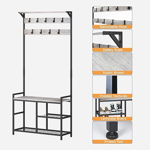 Miniatura 13 de HOMEKOKO Perchero para zapatos, banco de almacenamiento de entrada de árbol de pasillo, muebles decorativos con aspecto de madera con marco de