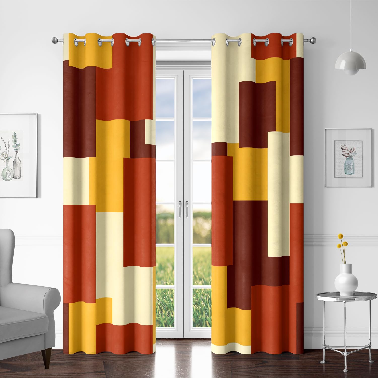 Tyrot Rust Burnt Orange 100% Blackout Curtains for Bedroom 84 inch Long 2 Panels Set Modern Abstract Geometric Black Out Curtains Insulated Room Darkening Window Drapes for Living Room, 52Wx84L