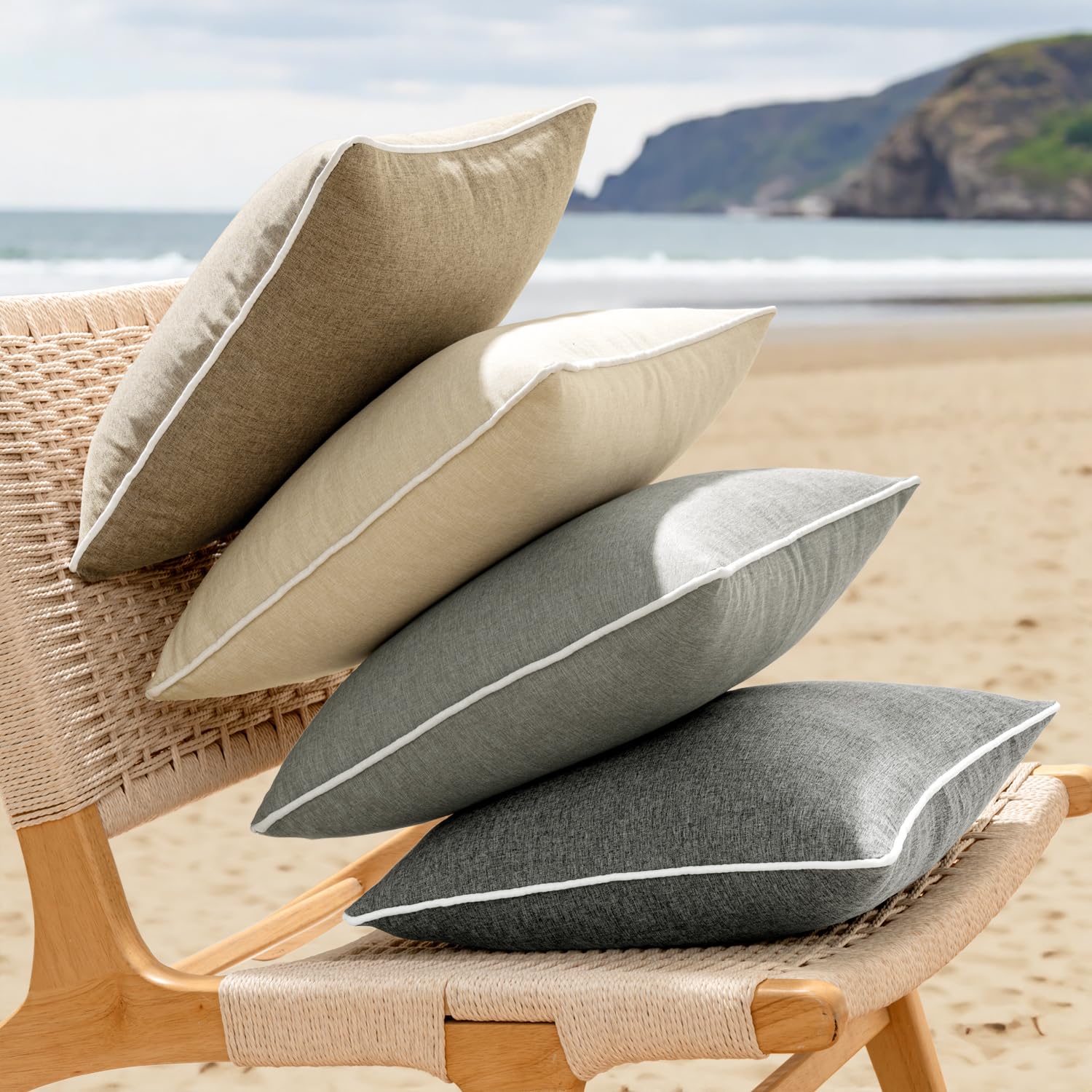 EMEMA Federa per cuscino impermeabile per esterni, cuscino decorativo, in poliestere, per giardino, divano, soggiorno, letto, set da 2 pezzi, 45 x 45 cm, beige