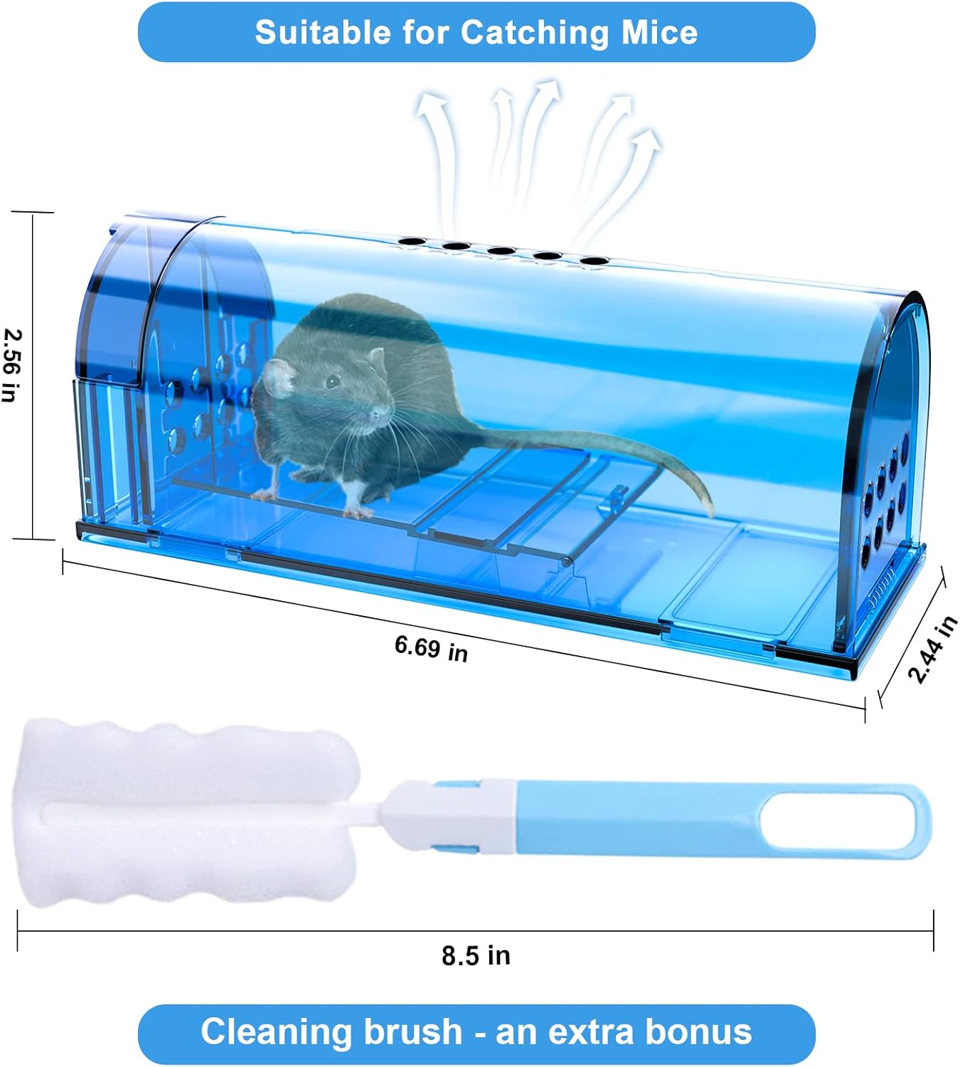 6 Pack Humane Mouse Traps No Kill, Catch and Release Live Mouse Trap Indoor for Home, Reusable Mice Trap Cage with Cleaning Brush(Blue)