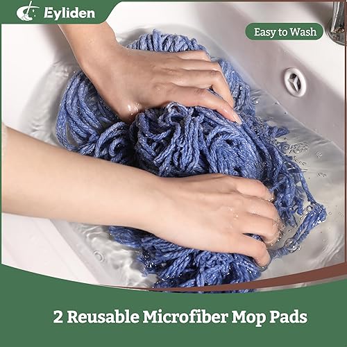 Miniatura 5 de Eyliden Trapeador de cuerda, trapeador de algodón húmedo y seco, reemplazo no táctil, 2 cabezales reutilizables, 4 estropajos, mango ajustable,