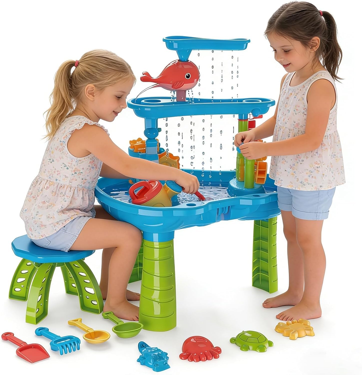 DUDUPIE Kids Water Table for Toddlers, Sand and Water Play Table with Waterfall Track, Rotating Water Wheel, Fishing Toys & Accessories, Outdoor Garden Summer Water Toys for Boys Girls Age 3+