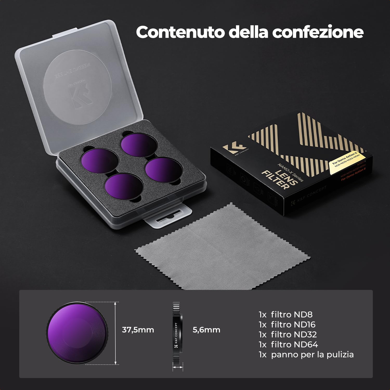 K&F CONCEPT Kit Filtri ND Compatibile con DJI Osmo Action 6, ND8 ND16 ND32 ND64 4Pz Filtri in Vetro Ottico con Rivestimento Multistrato per Controllo Esposizione e Riduzione Luce