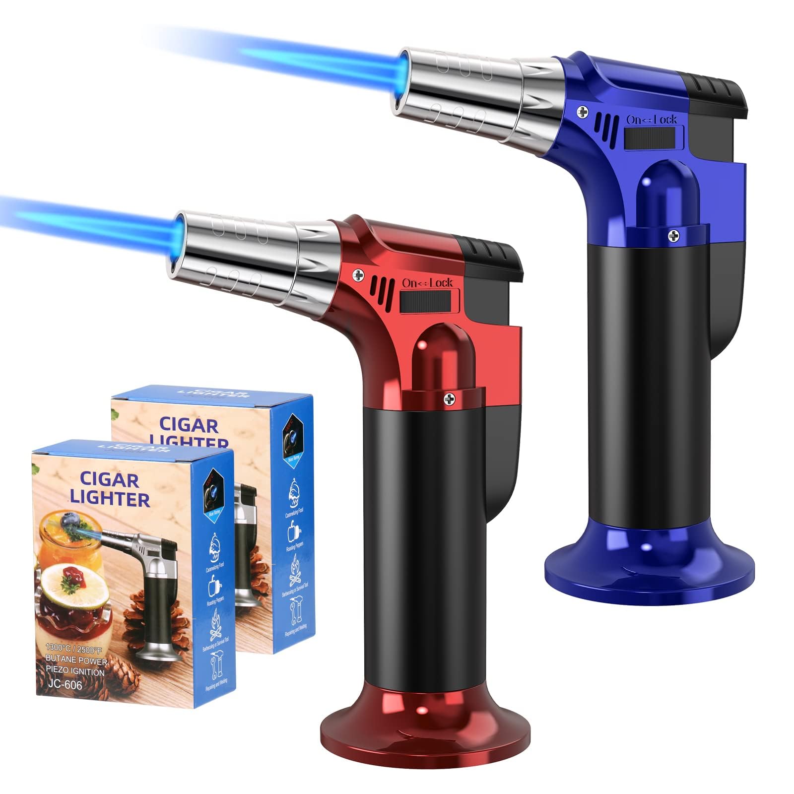FDTY 2 Pack Butane Torches Culinary Blow Torch Lighter, Refillable Kitchen Cooking Torch with Safety Lock Adjustable Flame for BBQ, Creme Brulee, Baking, Crafts