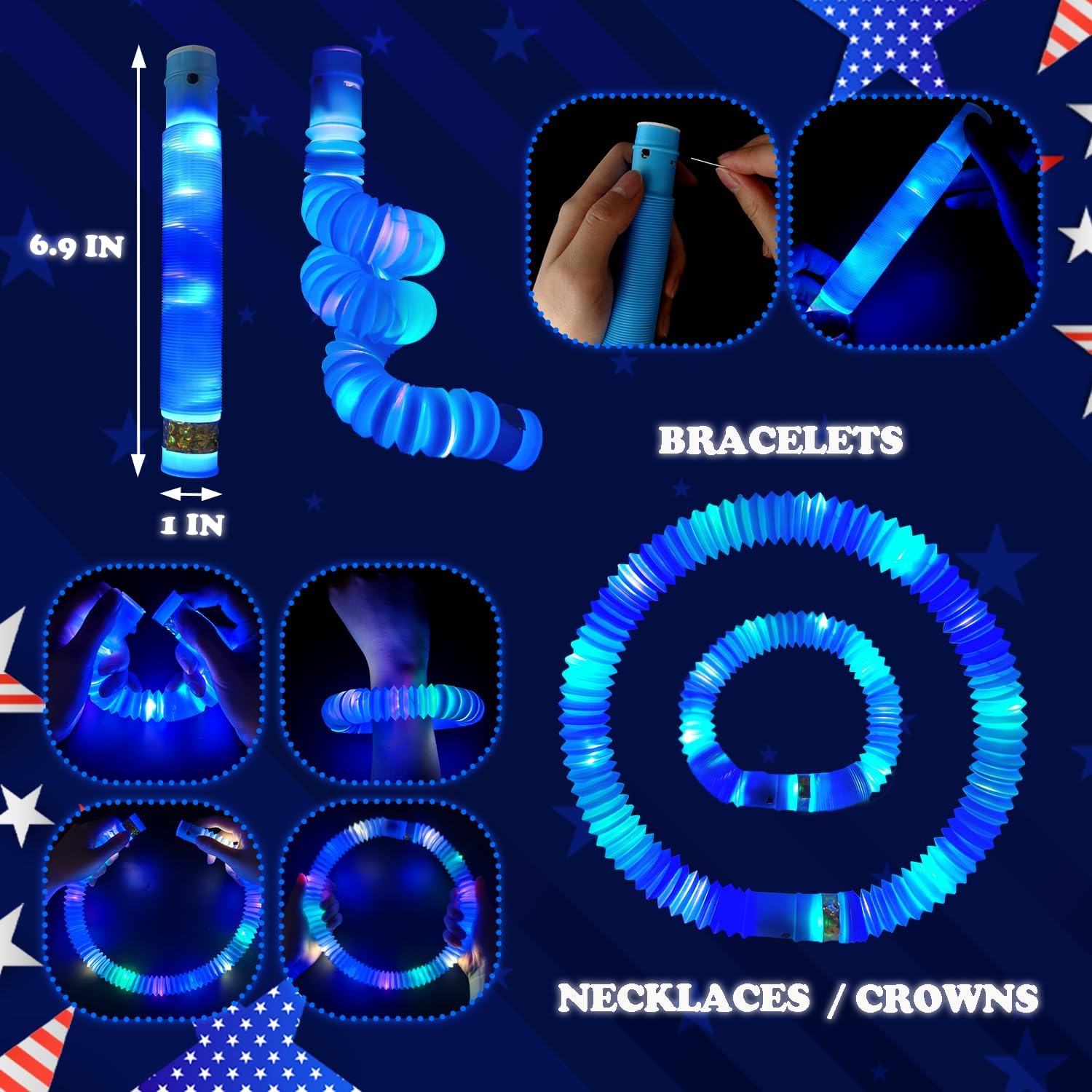 Blue Graduation Glow Sticks Pop Tubes 24 PCS,Light Up Bracelets Necklaces,Glow Party Favors for Kids Graduation Party,Kindergarten Preschool End of School Year Goodie Bag Stuffers Classroom Prizes