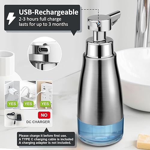 Miniatura 4 de Dispensador automático de jabón espumoso sin contacto acero inoxidable de 15 onzas - Dispensador de jabón inteligente eléctrico recargable de plata