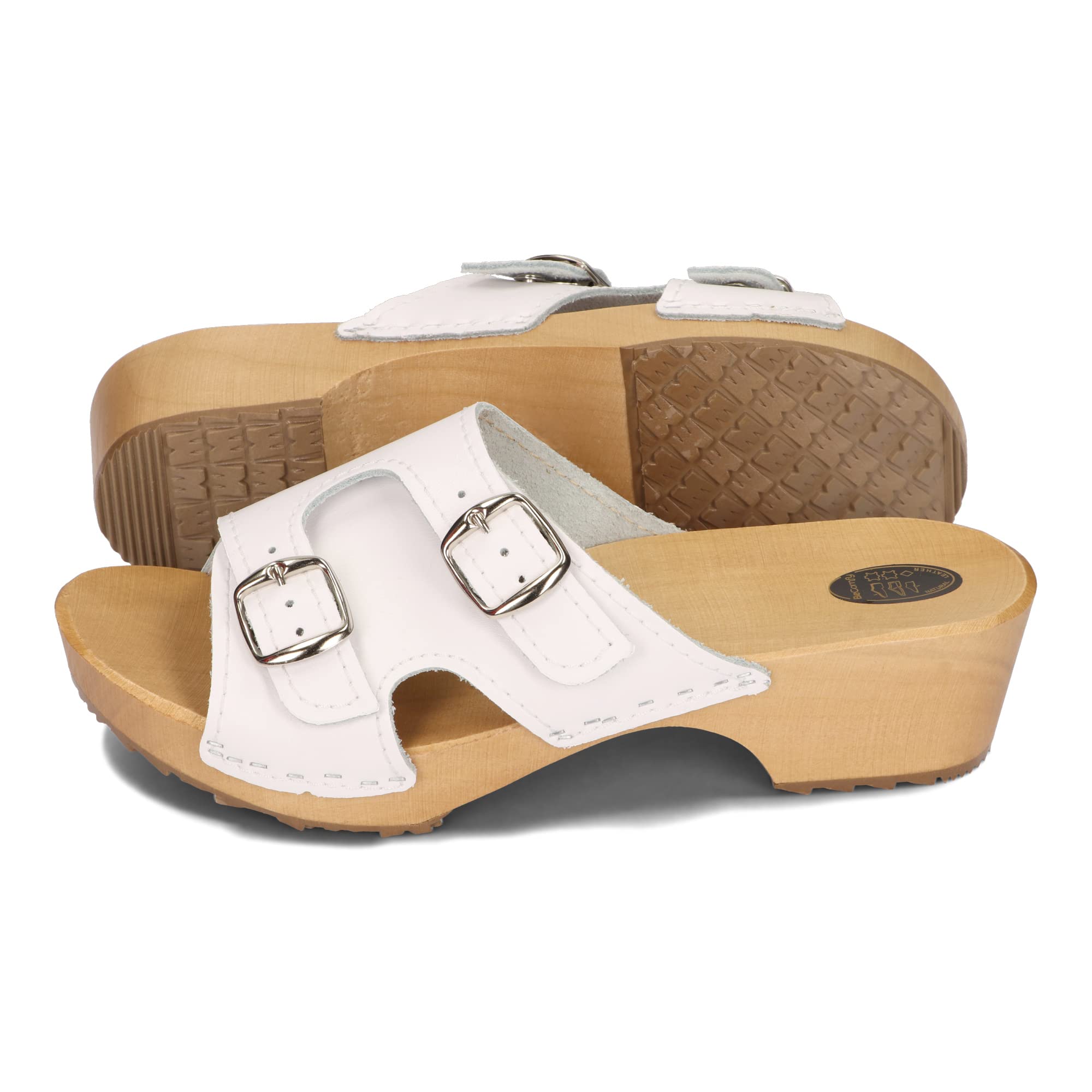 BeComfy Ciabatte da Donna in Legno Zoccoli Scarpe con Tacco Scarpe in Legno Sandali Pelle Zoccoli da Giardino Muli Nero Bianco 36-41 EU