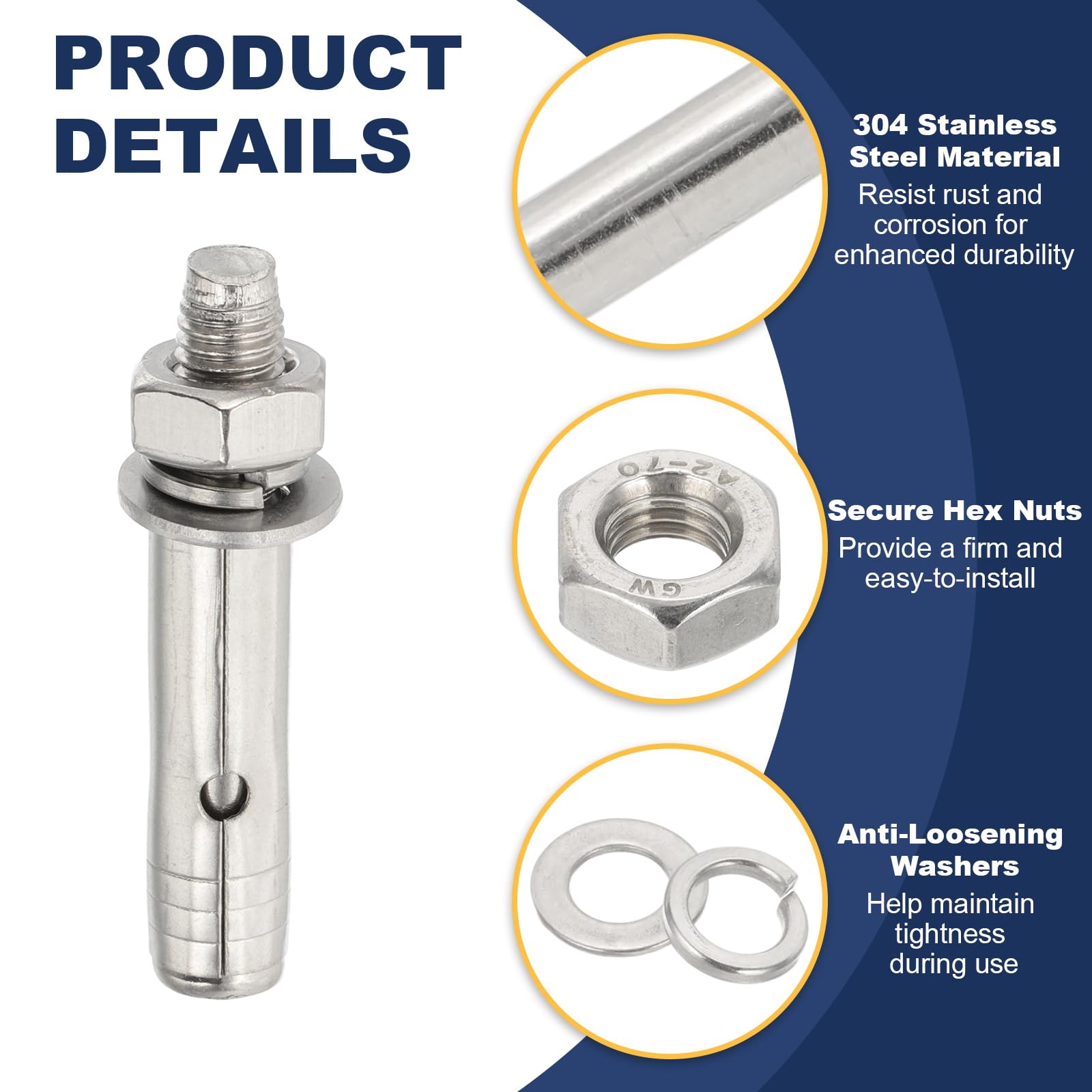 PATIKIL M10 x 80mm 304 Stainless Steel Expansion Bolts - Image 3