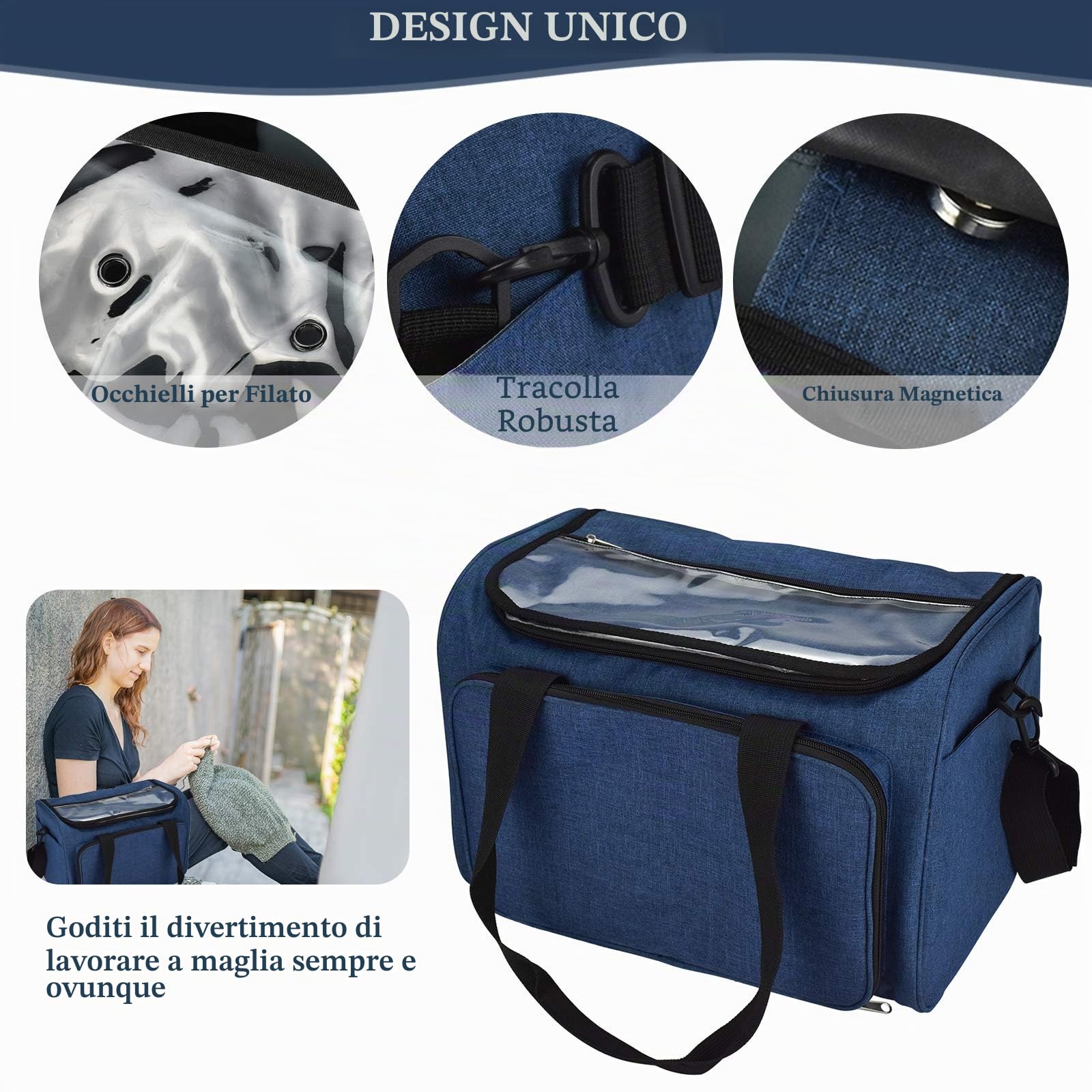 Coopay Borsa per Filati, Borsa per Lavori a Maglia, Riporre Ferri da Maglia e Uncinetto e Punto Croce, Organizer per Filati per Principianti e Professionisti, Blu
