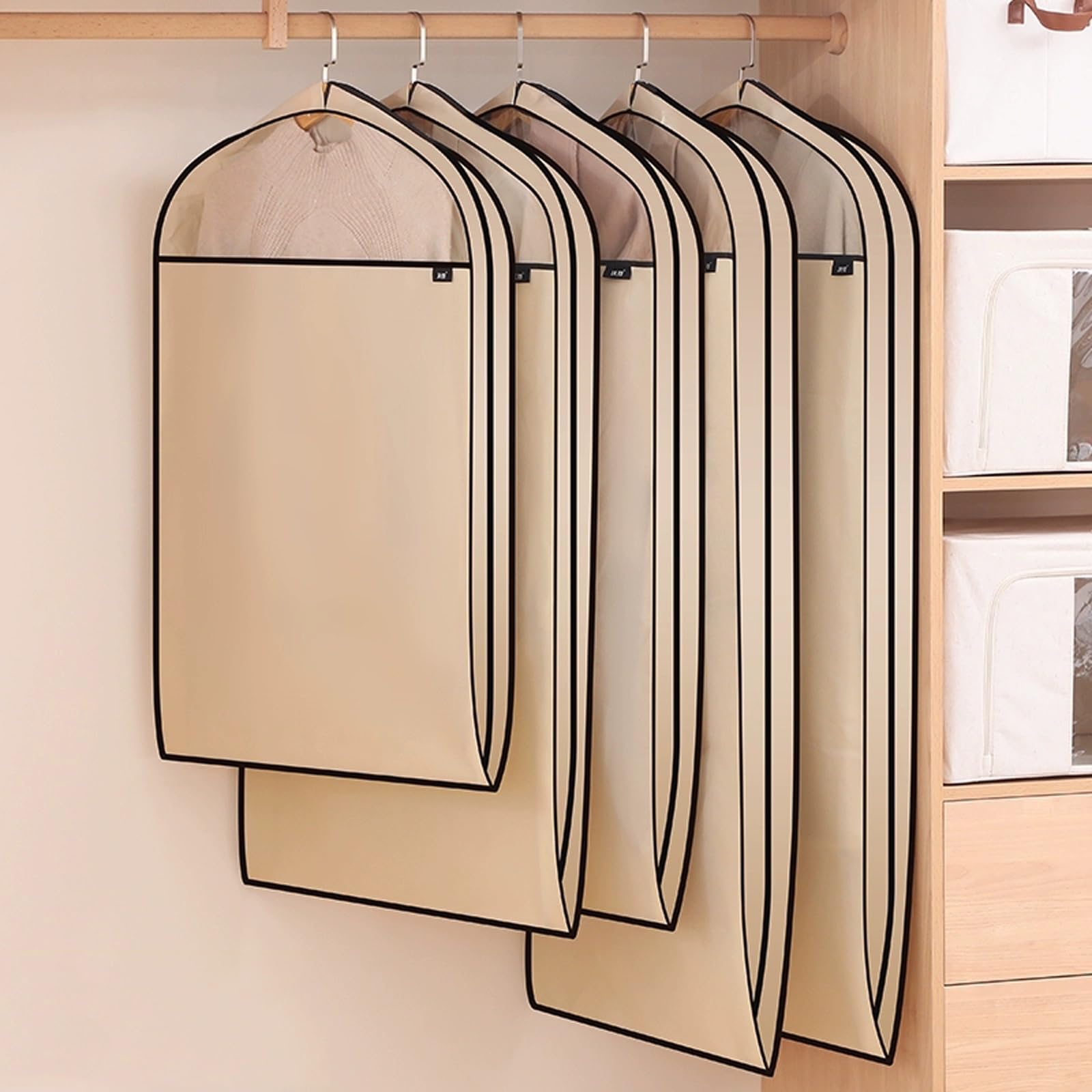 YEQING 5 Pezzi Borsa Porta Abiti, Borsa Porta Abiti Traspirante, Borsa Porta Abiti in Tessuto Non Tessuto per Abiti, Magliette e Giacche(Beige,60x11x90cm)