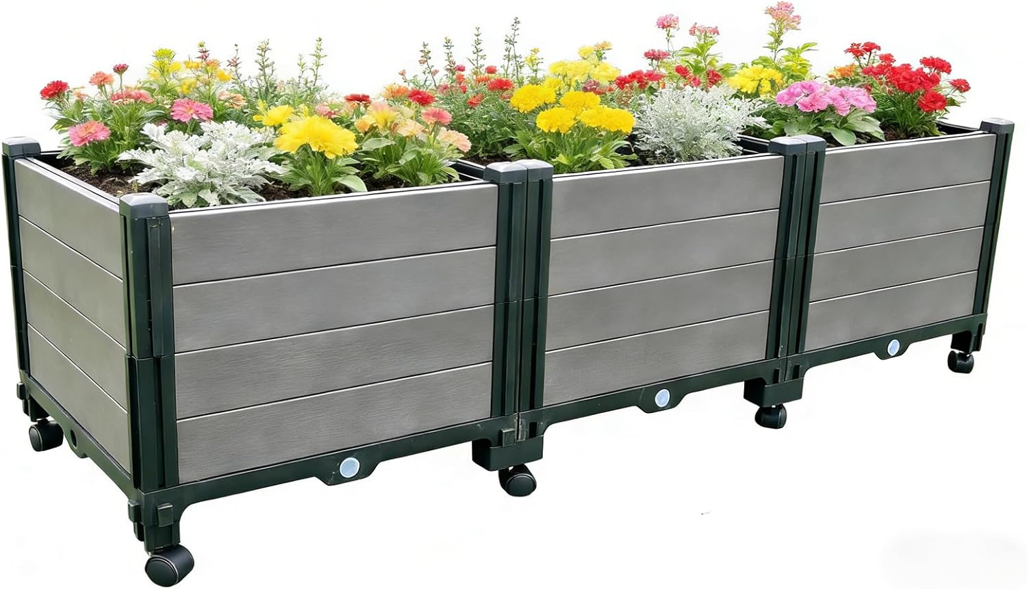 3-Pack Elevated Raised Garden Beds Outdoor with Wheels, Sturdy Plastic Planter Boxes with Drainage for Patio, Balcony, Lawn & Backyard Gardening
