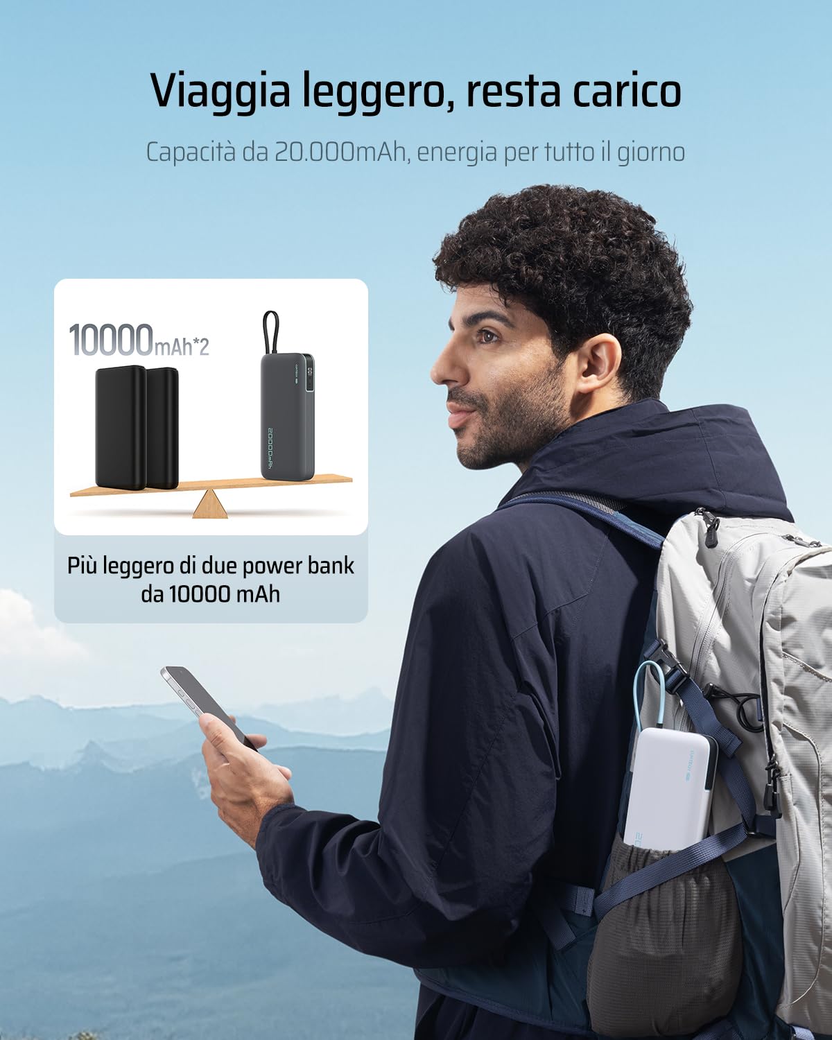 CUKTECH 45W 20000mAh Power Bank con Cavi Integrati, Ricarica Rapida Batteria Esterna con 2 Porte, Display Digitale, USB C Caricatore Portatile Caricabatterie per MacBook Air, Galaxy S23, iPhone 17 Pro