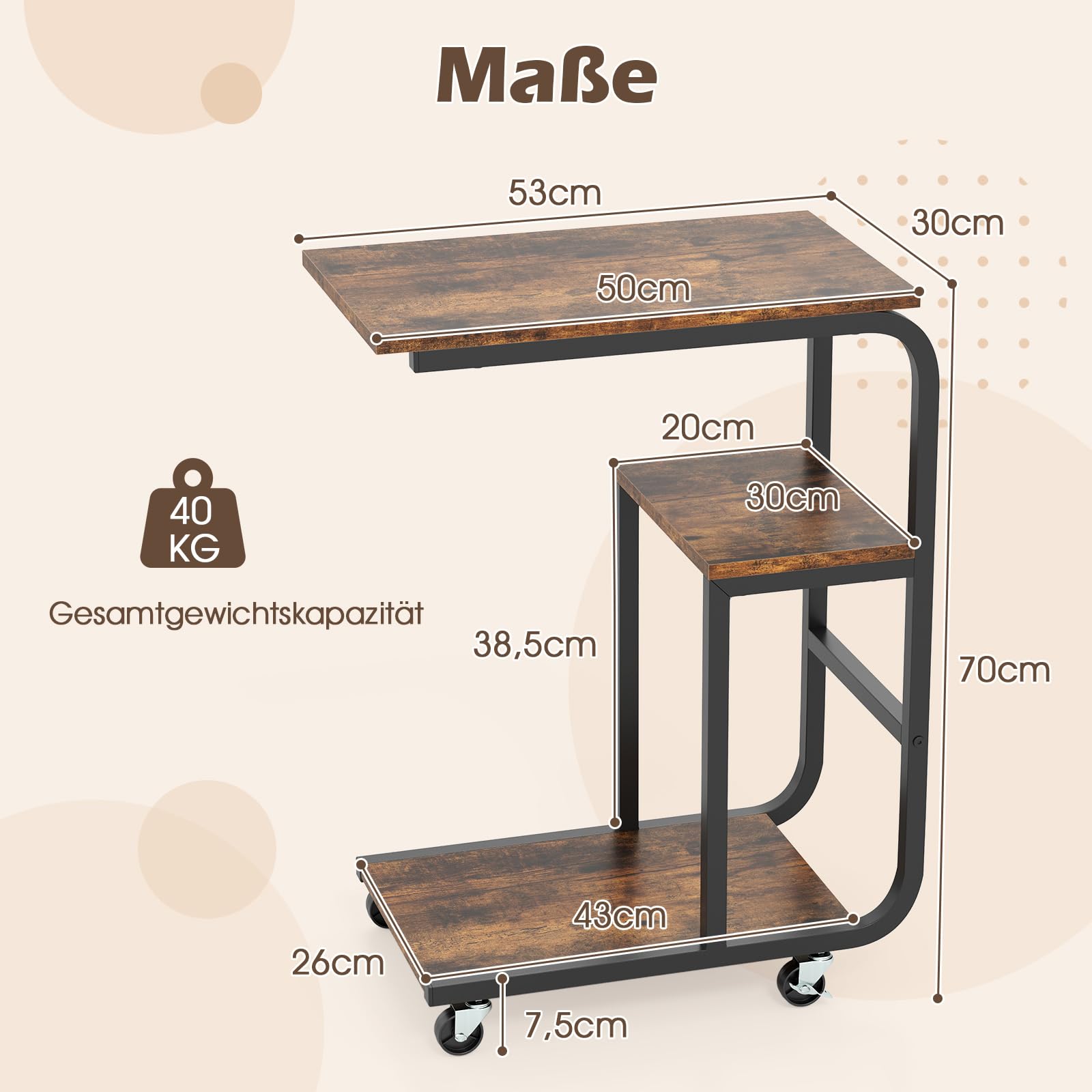 COSTWAY Stolik pomocniczy, stolik kawowy na kółkach, w kształcie litery C, 3 poziomy, mobilny, do salonu, metalowa rama, do kawy i laptopa, 53 x 30 x 70 cm, wzornictwo przemysłowe (2)