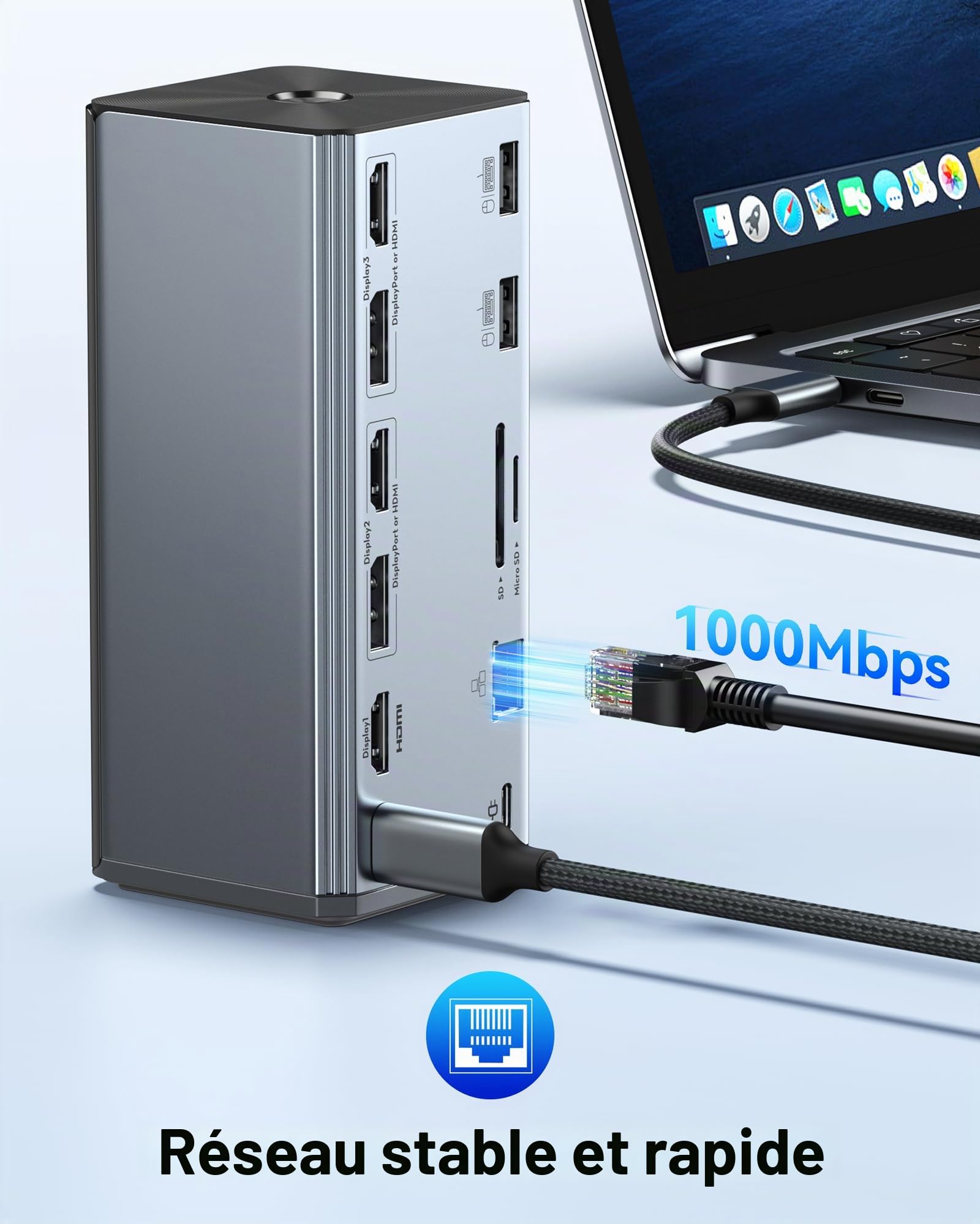 Station d'accueil Docking Station USB C 3 écrans pour Dell/HP/Win&macOS | 17 en 1 Dock USB C Triple Affichage avec 3 HDMI&2 DP, Smart Display, RJ45, 100W PD, 10Gbps USB A/C, SD/TF, Audio