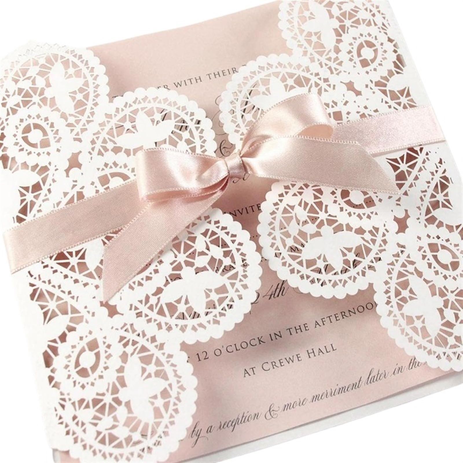 Hochzeitseinladungskarten, Blumige Einladungen， Karte 10 Stück mit weißer Spitze, Roségold und Schleife, Laser-Blumenmuster, Rosa, Verlobungs-Einladungen Einladung(Whole Set Blank)
