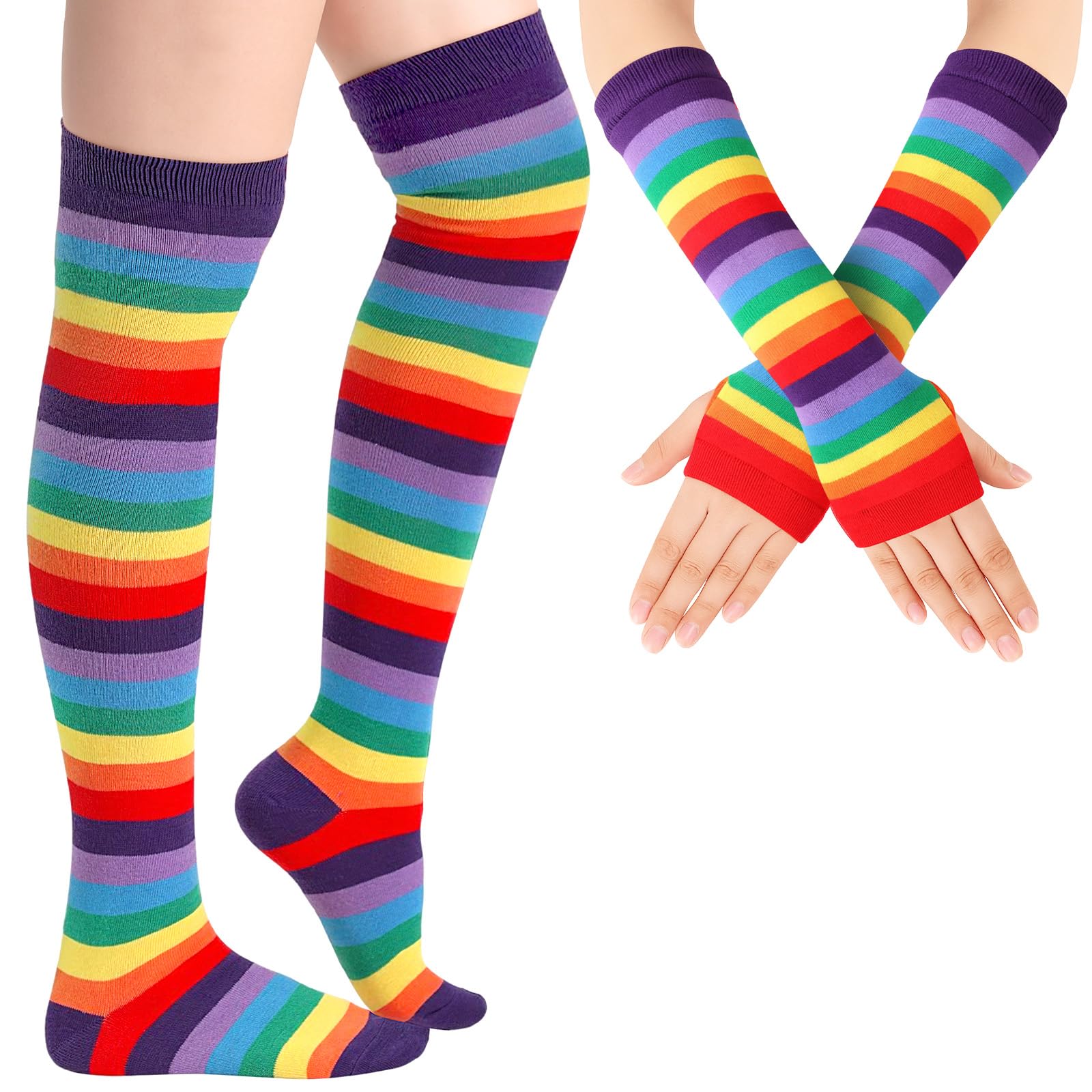 Geyoga Striped Arm Leg Warmers Set Fingerless Gloves