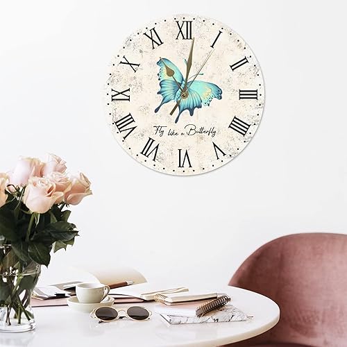 Miniatura 5 de Reloj retro de mariposa para jardín, reloj de pared colgante de 12 pulgadas, funciona con pilas, silencioso, sin tictac, con impresión de madera,
