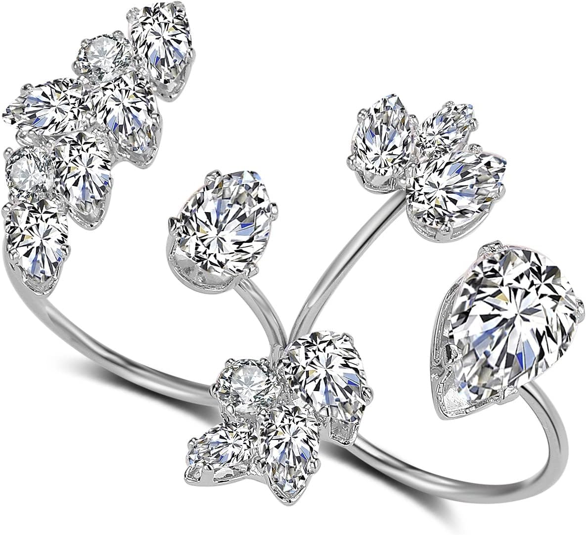Adjustable Two Finger Rings for Women - Leaf Flower Statement Ring Silver CZ Double Finger Ring Open Cubic Zirconia Cocktail Ring Gift