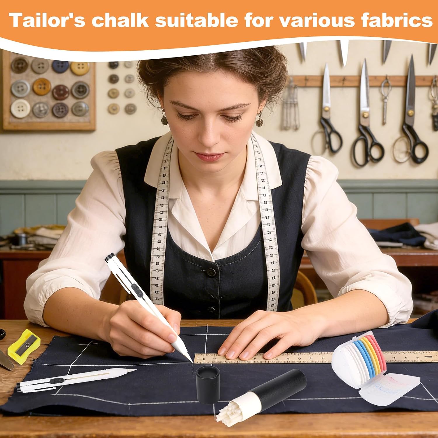 Fukaisu 38pcs Fabric Pencil Set, 2pcs Refillable Tailor Pencils with 25 White Chalk Cartridge Refills 10 Triangle Tailors Chalks 1 Sharpener for Marking Fabric Quilting Sewing Accessories and Supplies