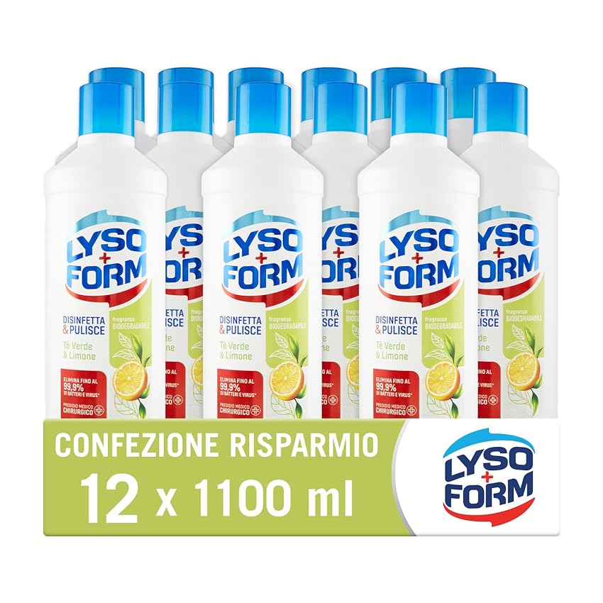 Immagine del prodotto Lysoform Pavimenti Té Verde e Limone, Detersivo Pavimenti, Adatto a Tutti i Tipi di Pavimenti, Aiuta a Rimuovere gli Allergeni, Lieviti e Muffe, con Fragranza Biodegradabile, 12 Pezzi da 1100 ml