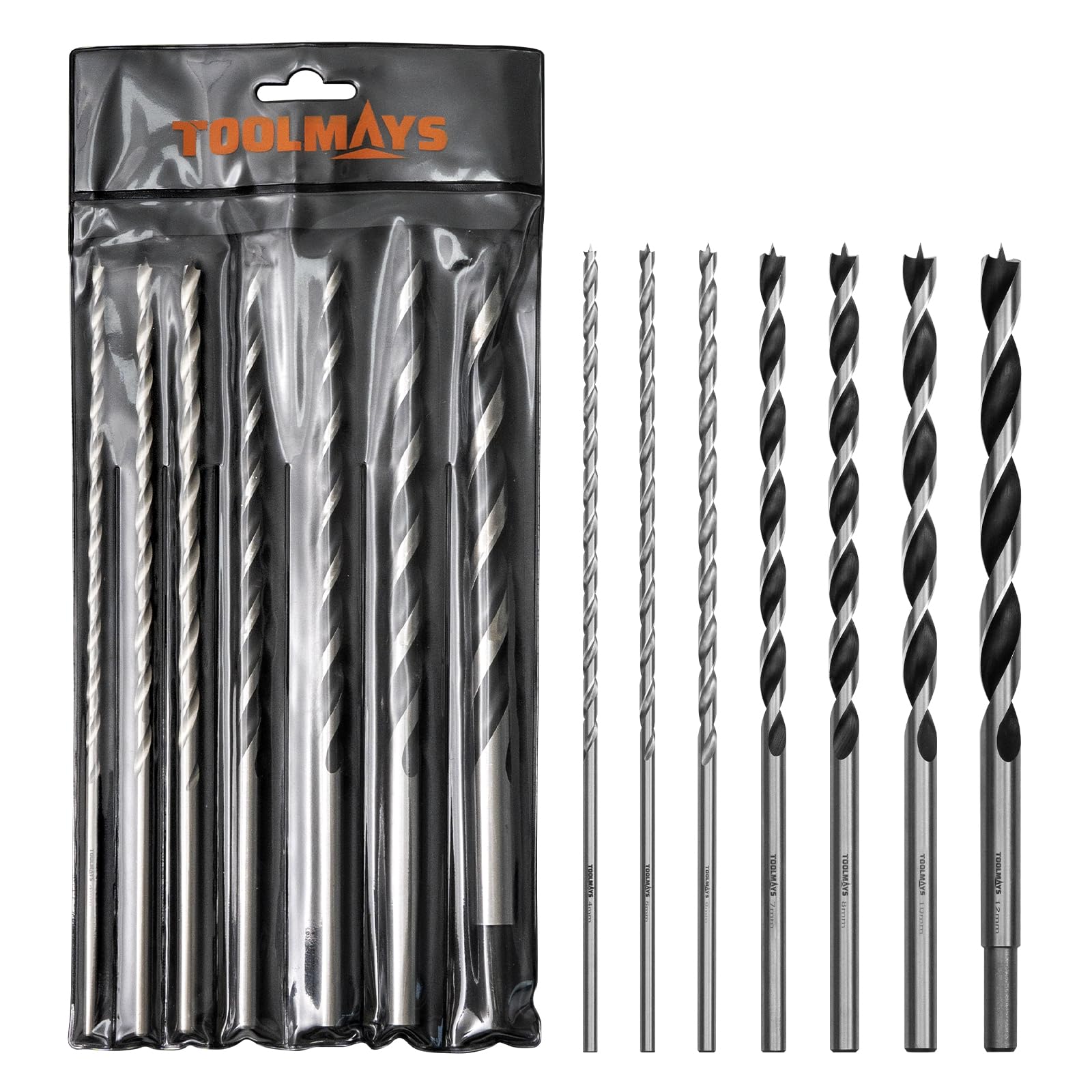 Foret Bois Long 7PCS Set, Jeu de Forets à Bois HSS-G, Meche Bois Longue Ø 4mm, 5mm, 6mm, 7mm, 8mm, 10mm, 12mm x 230mm