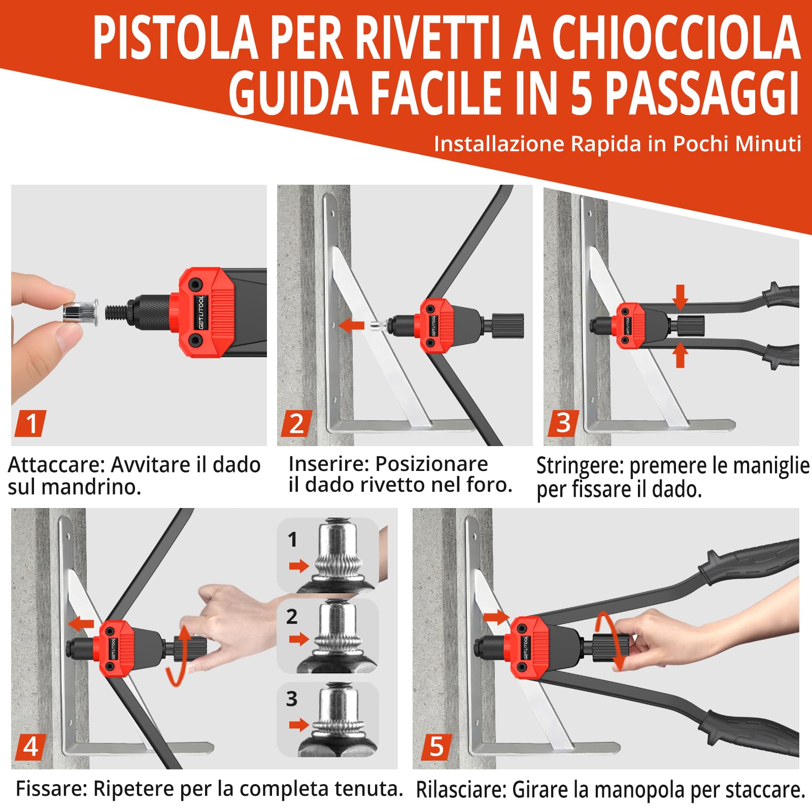 GETLITOOL Set 16-Inch Rivettatrice Professionale per Impieghi Gravosi con 7 Mandrini e 120 Dadi M3 M4 M5 M6 M8 M10 M12, Pistola Manuale a Dadi Rivetti con Valigetta per Garage Officine