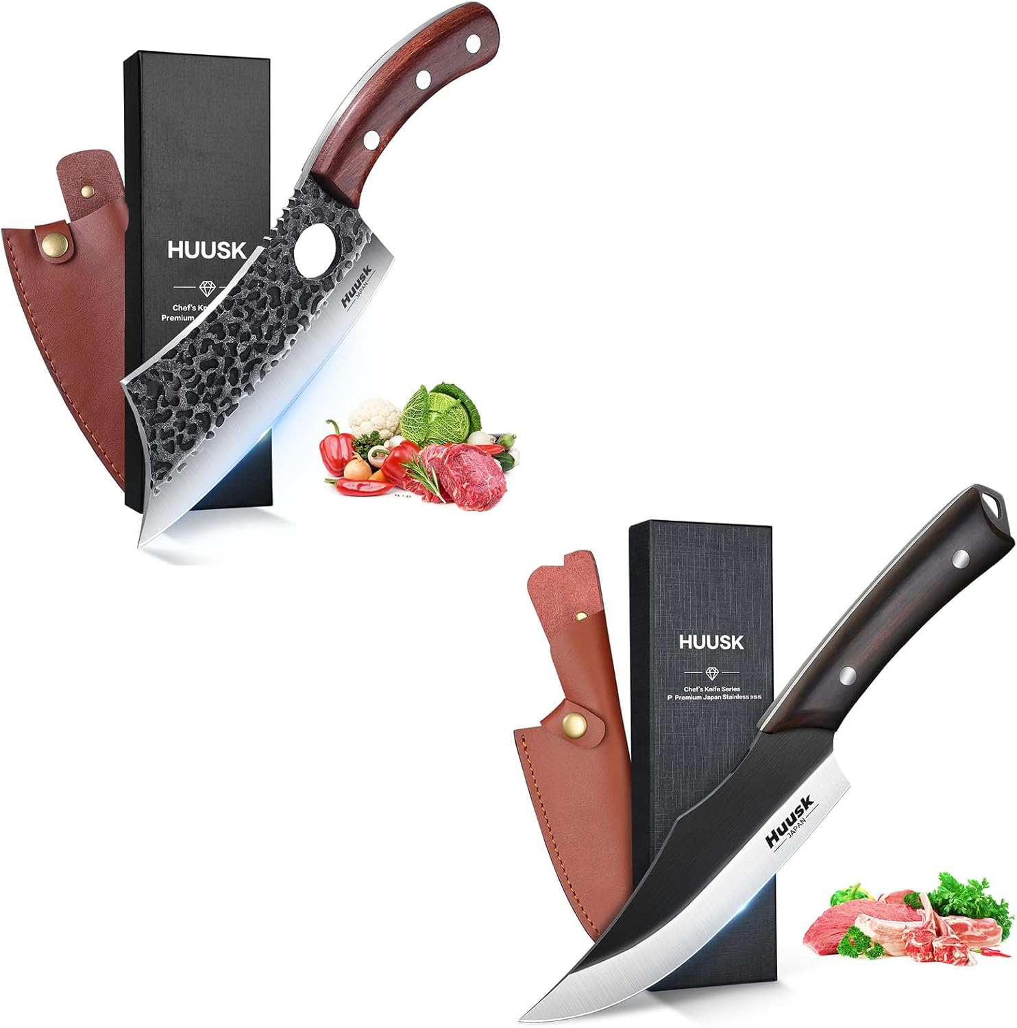 Huusk Japan Knives, Viking Knife with Sheath, Meat Cleaver Knife for Meat Cutting, Hand Forged Chef Butcher Full Tang Boning Knife for Outdoor Cooking, Kitchen Deboning or Camping BBQ