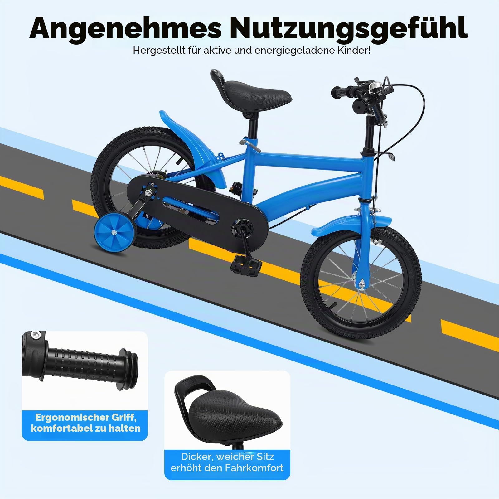 Kinderfahrrad 14 Zoll mit Stützrädern | Lernfahrrad Höhenverstellbares mit Handbremse, Klingel & Schutzbleche - Geeignet für Anfänger von 43-49 cm Sitzhöhe