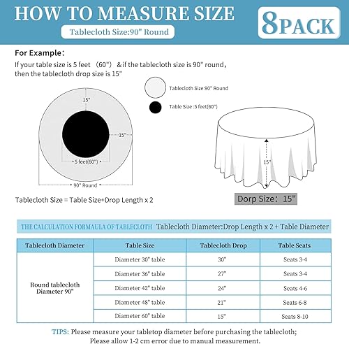 Miniatura 3 de Paquete de 8 manteles redondos color beige de 90 pulgadas de poliéster, tela lavable, resistente a las manchas y a las arrugas, manteles redondos