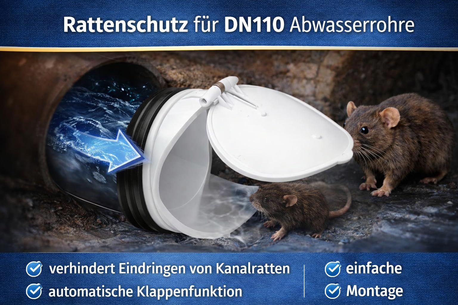 UZMAN 1 tapa de protección para ratas DN 90-100/110 mm, adaptador, válvula antirretorno, protección antirretorno de construcción, tubería KG para aguas residuales, protección contra ratas