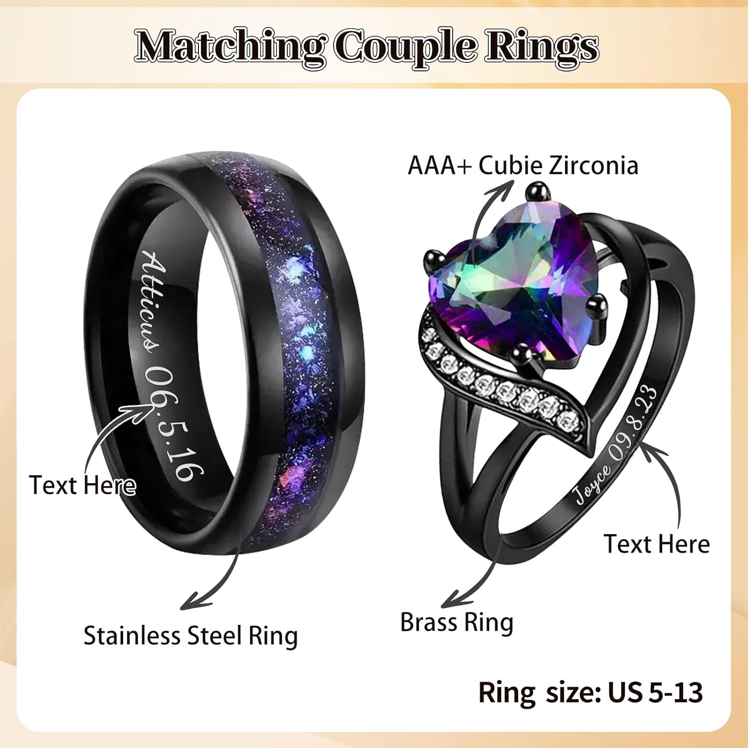 Personalized Matching Couple Rings, Custom Engraved Band Set for Him & Her, Galaxy Design Fashion Jewelry, Ideal Gift for Valentines Day & Anniversary
