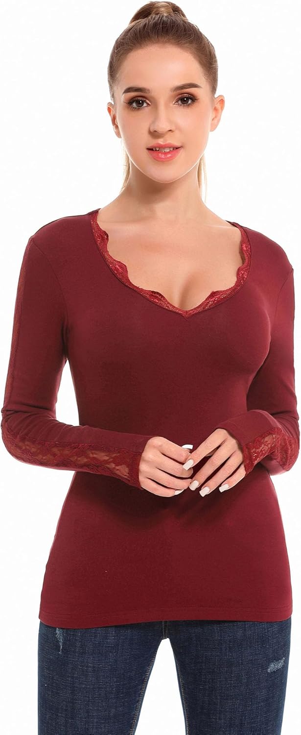 AmélieBoutik Women V Neck Floral Lace Trim Inset Long Sleeve Blouse Top