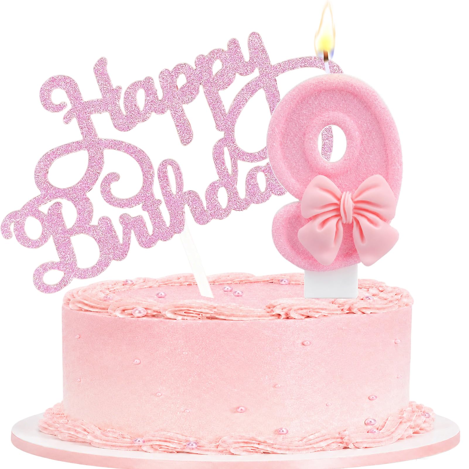 Birthday Candle with Pink Bow Cake Topper for Party, Number 9