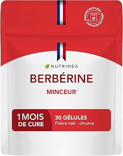 BERBERINE – Issue de Berberis Aristata – Berbérine HCL Concentrée à 97% – Poivre Noir & Chrome – Régule le Taux de Sucre et les Lipides Sanguins – 1 Mois – 30 Gélules Vegan – Nutrimea