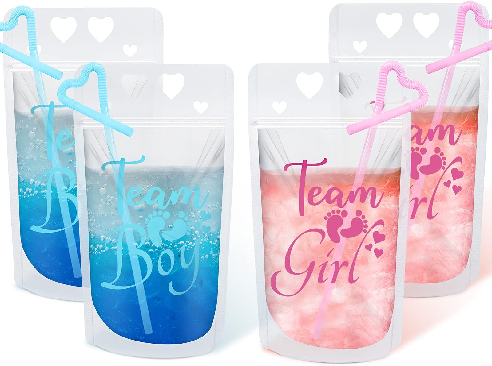 20 Pcs Drink Pouch Cups Clear Zipper Bags with Straws, Team Boy Team Girl Gender Reveal Cups, Baby Reveal Party Decorations Supplies, Blue & Pink, 17 oz