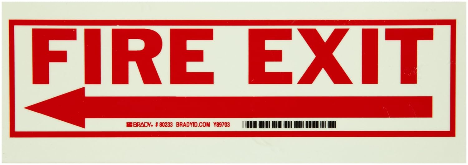 Brady 80233 10" x 3.5" Self-Stick Polyester, Red on White Glow-In-The-Dark Sign, "Fire Exit"