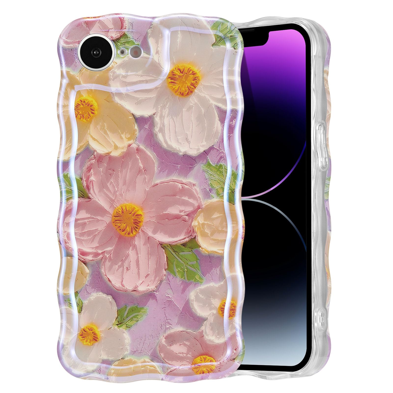 EYZUTAK Case for iPhone 15, Colorful Retro Oil Painting Flower Laser Beam Glossy Pattern Cute Curly Waves Border Exquisite Phone Cover Stylish Durable Soft TPU Protective Case for Girls Women - Green — view 29