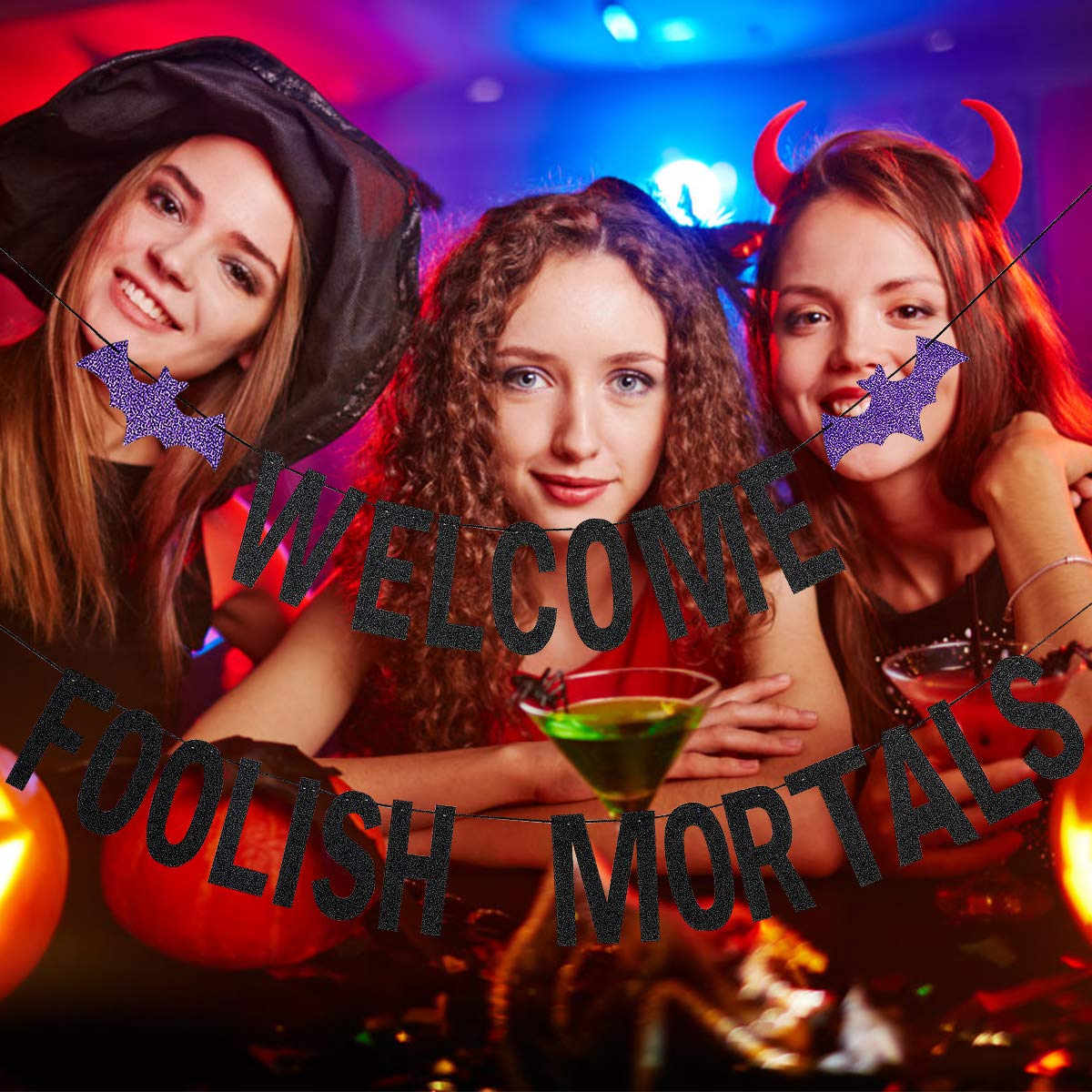 Welcome Foolish Mortals Banner – Vorbespannt, Mit Glitzer, Für Halloween-Party & Spukhaus-Dekoration