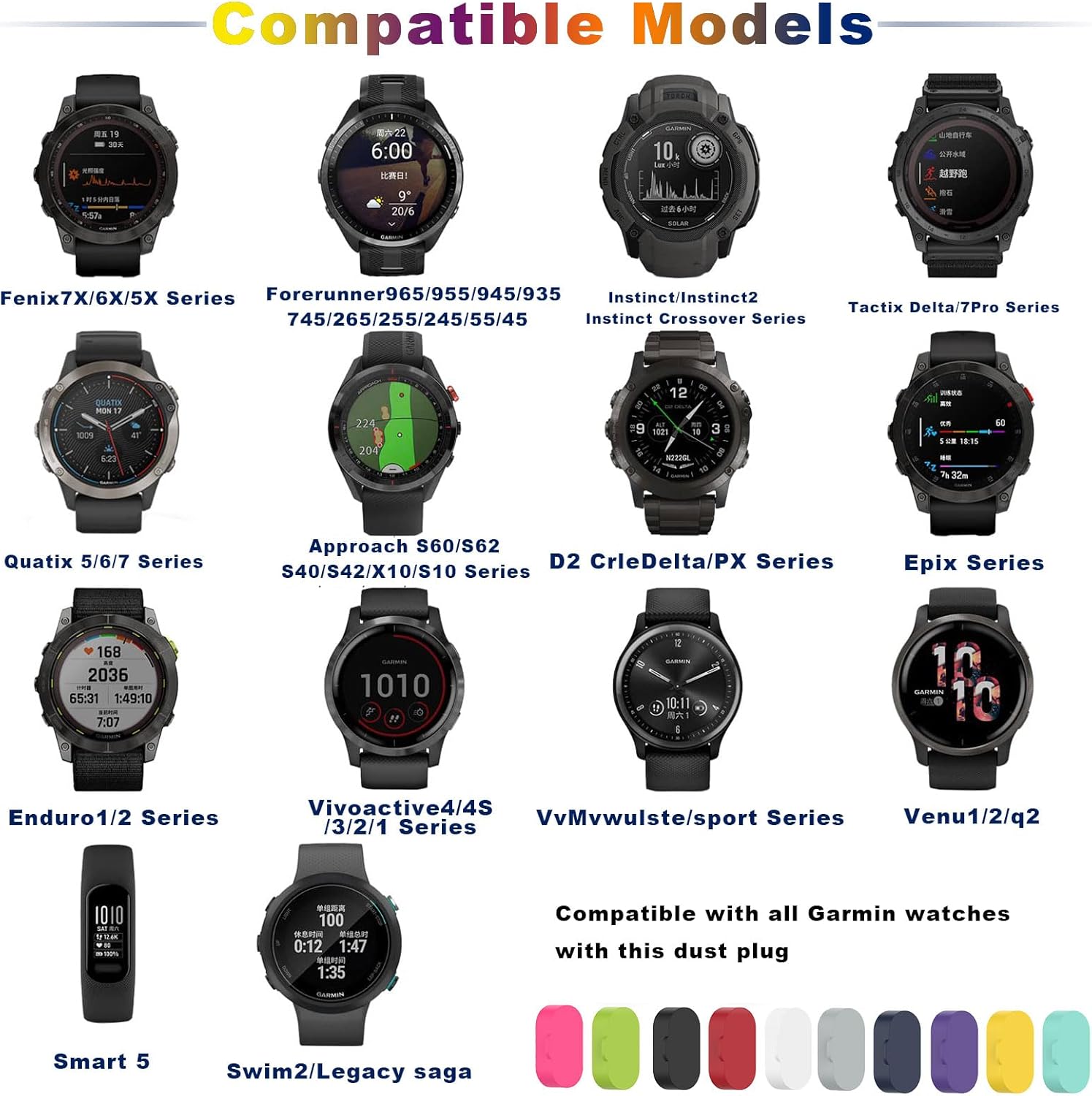 10 Pack Silicone Dust Plug for Garmin 7 7S 7X 6 6S 6X Pro 5 5X 5S Plus Forerunner 935 945 955 965 Vivoactive 3 4 4S Smartwatch Anti Dust Plugs Caps Cover Watch Charger Port Protector