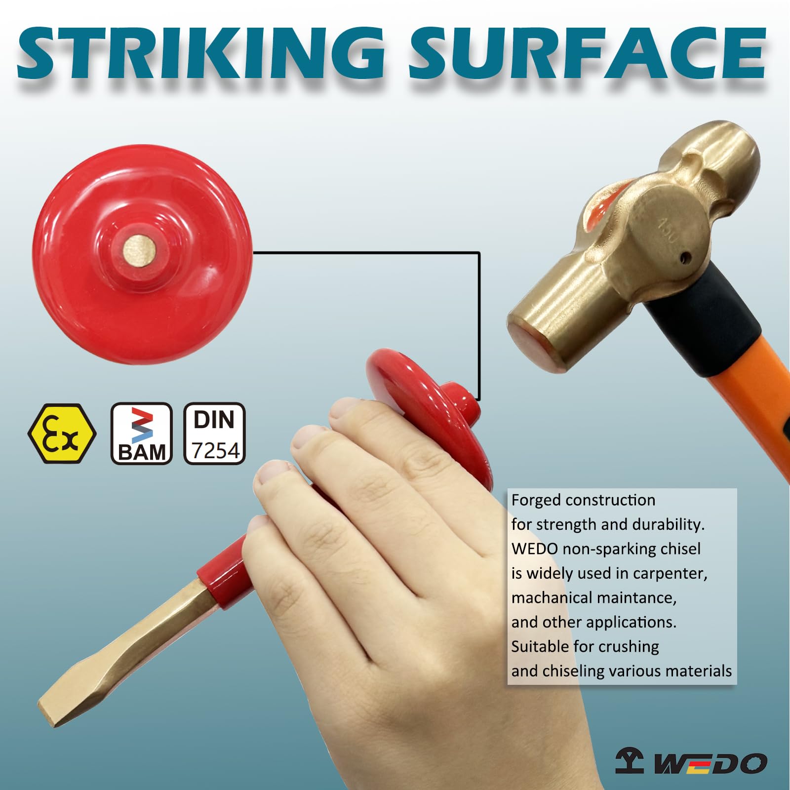 WEDO Scalpello piatto non scintillante, esagonale a 10 punti, scalpello per cemento, scalpello per mattoni, scalpello per muratura con protezione per le mani di spessore, bronzo in alluminio,