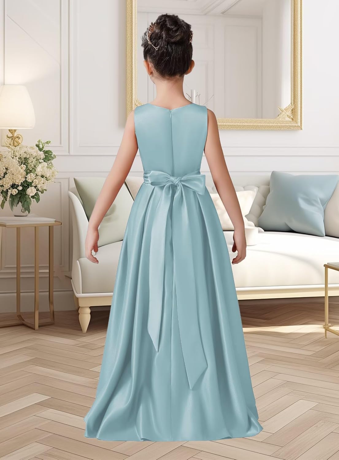 dideyttawl Satin Hi-Lo Formal Dress for Girls 4-16 Sleeveless A Line Quinceanera Dresses Flower Girl Dresses for Wedding - Image 3