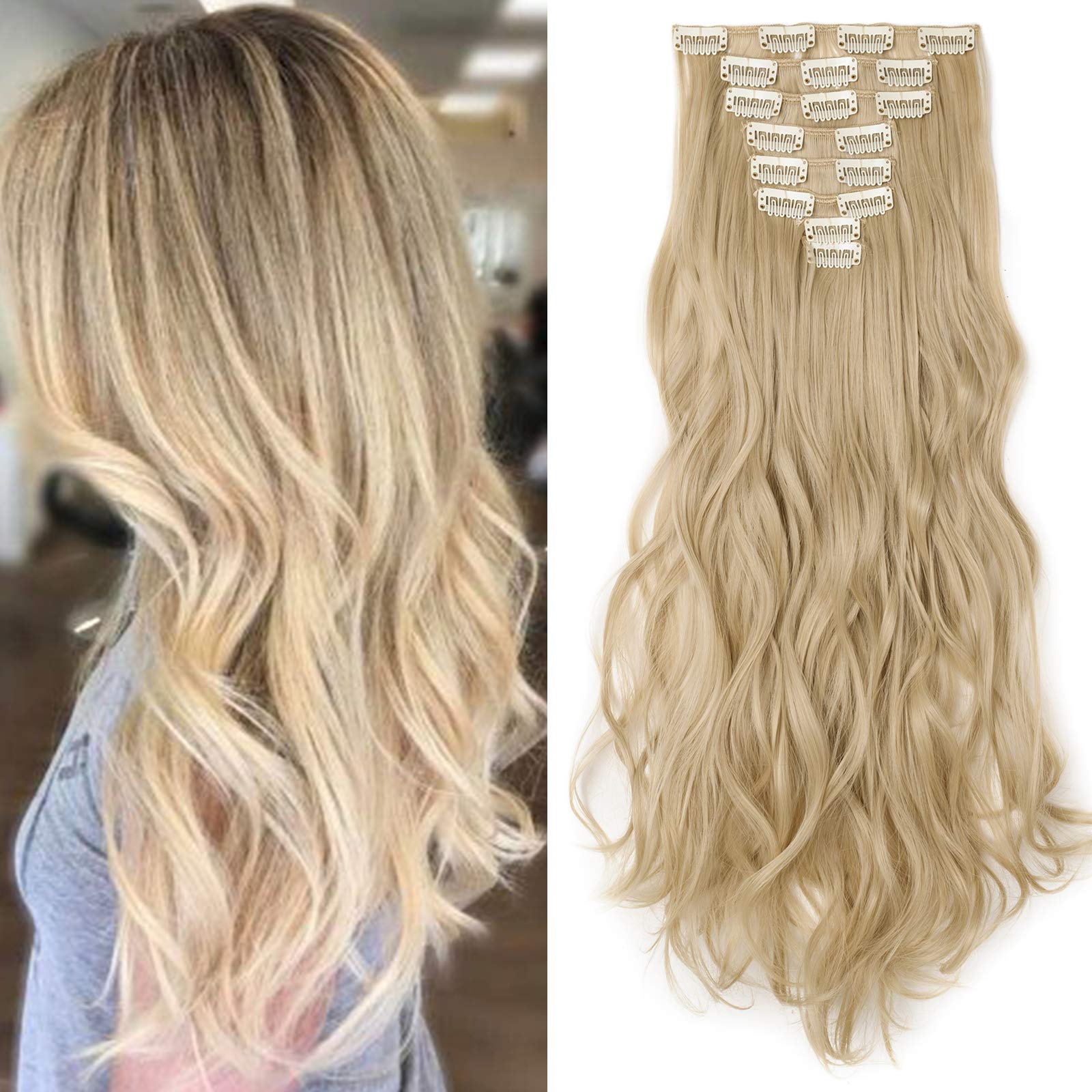 23"(58cm) SEGO Extensiones de Clip Pelo Sintético Se Ve Natural 8PCS [Arena Oscura mezcla Rubio Claro] Cabello Liso Largo Postizos Pelucas para Mujer (140g) — view 10