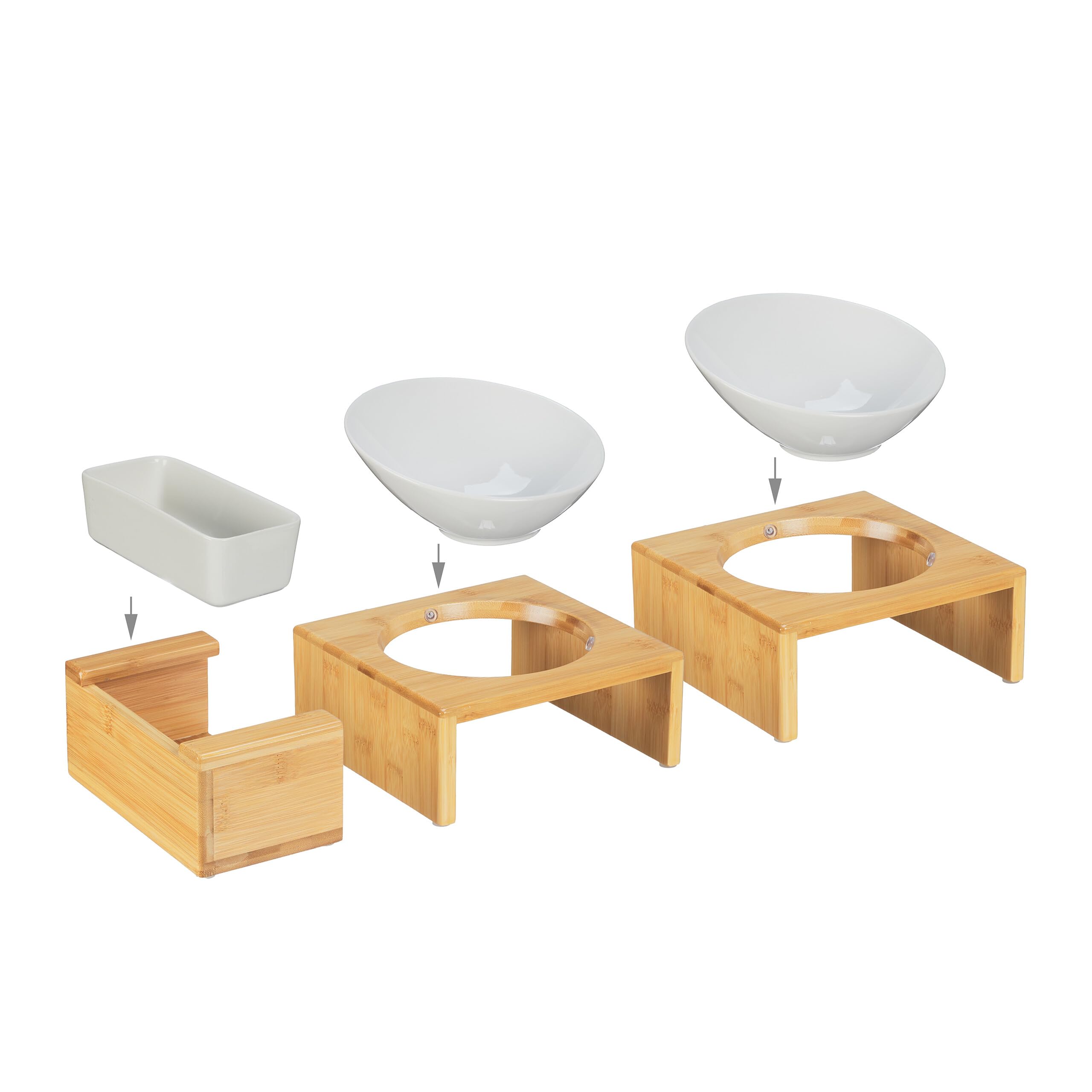 Relaxdays Zestaw misek dla kota z miską na trawę dla kota, 2 ceramiczne miski po 350 ml, stojak bambusowy, nadaje się do mycia w zmywarce, kolor naturalny/biały