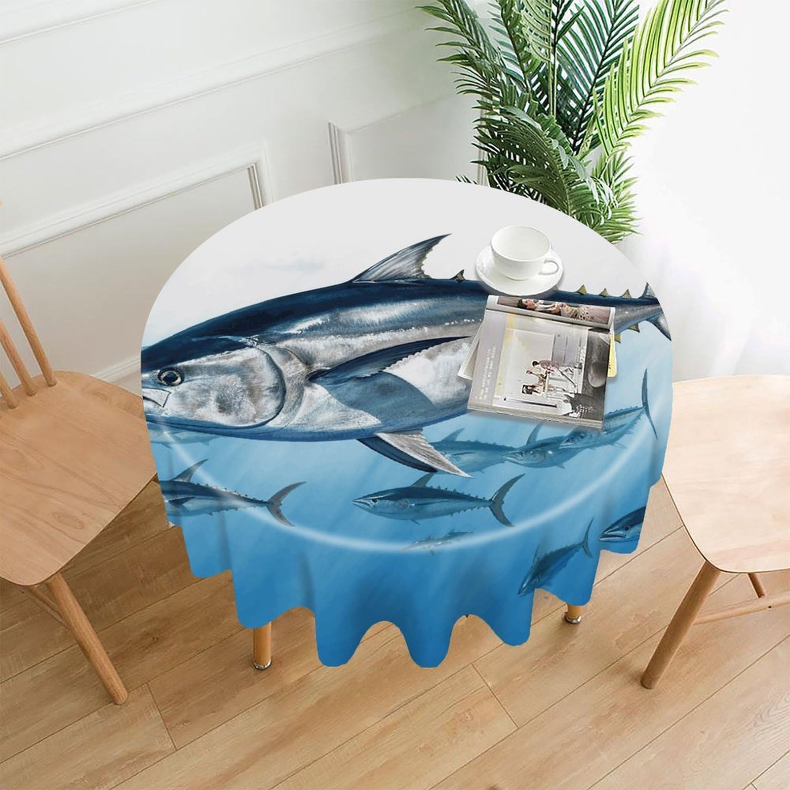 FekiLoot Round Bluefin Tuna Thunnus Tablecloth Decorative Fabric Table Cloth Wrinkle Free Circle Dining Tablecover Washable Polyester Table Cover for Holiday Dinner Party Decor 60"